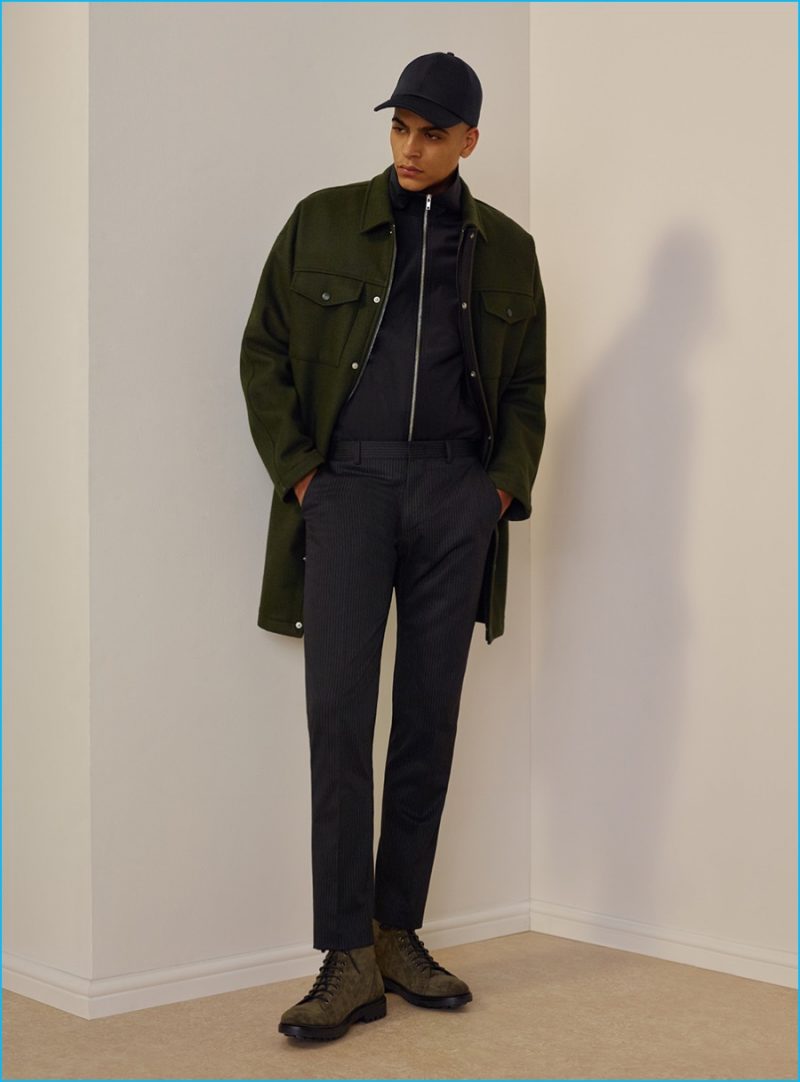 ASOS channels military style with a dark green tailored medium length coat for fall-winter 2016.