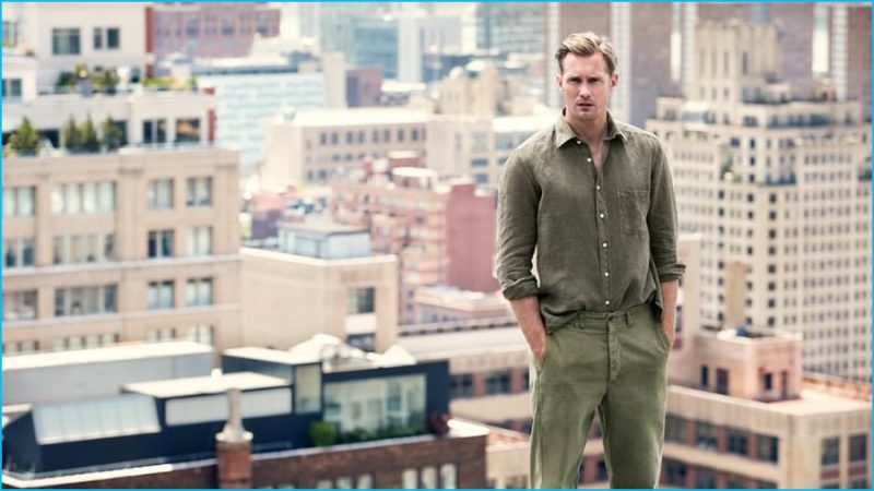 Alexander Skarsgård wears linen shirt Rubinacci and field trousers Chimala.