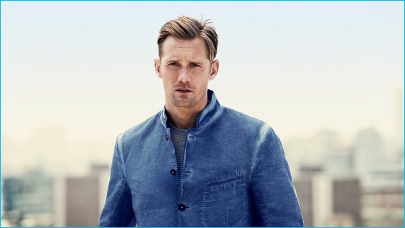 Alexander Skarsgård wears jacket Massimo Alba and t-shirt Aspesi.