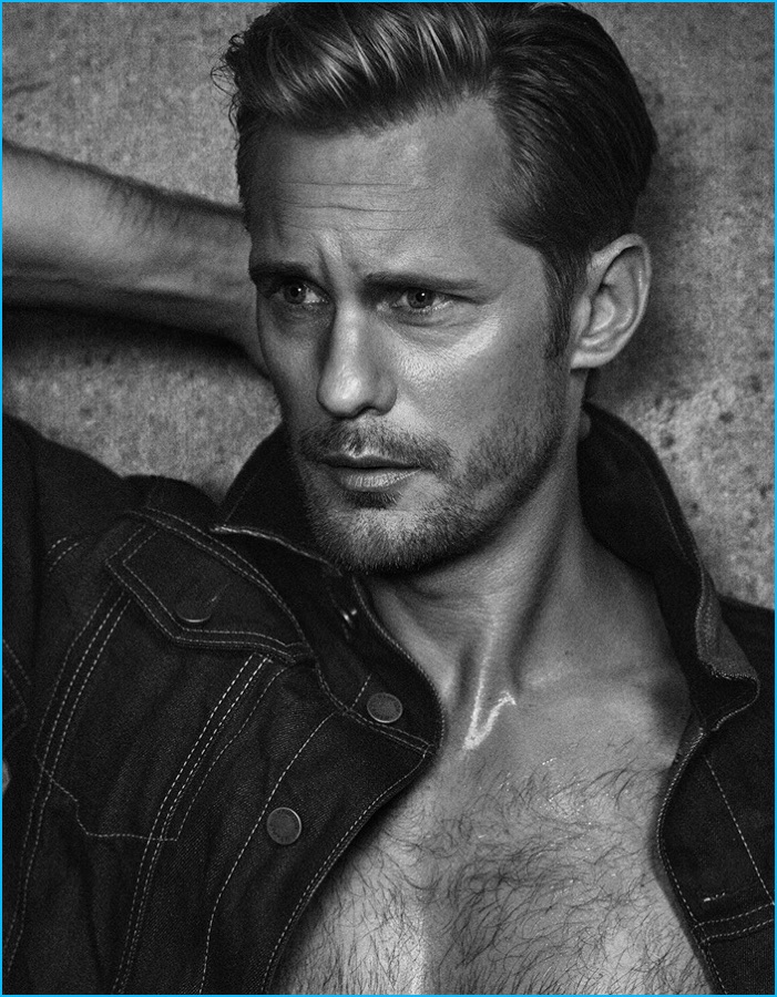 Sporting a denim jacket, Alexander Skarsgård graces the pages of Vanity Fair Italia.