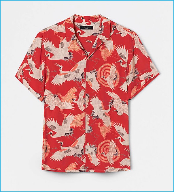 AllSaints Tsuru Red Hawaiian Shirt