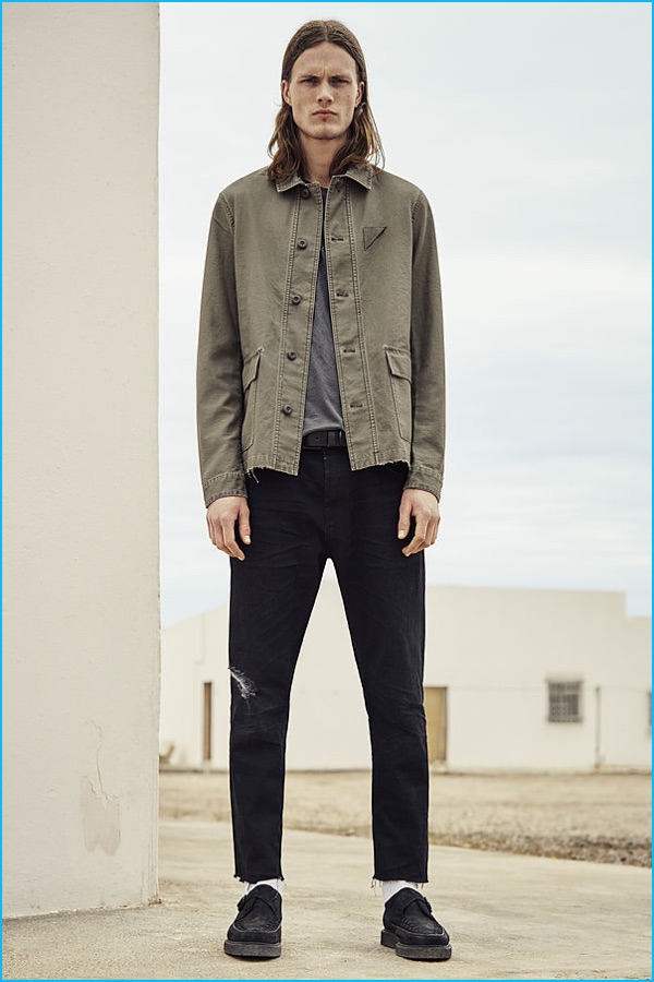 AllSaints Manse jacket, Anchor crew t-shirt, Kaneko taper jeans and Arc shoes.