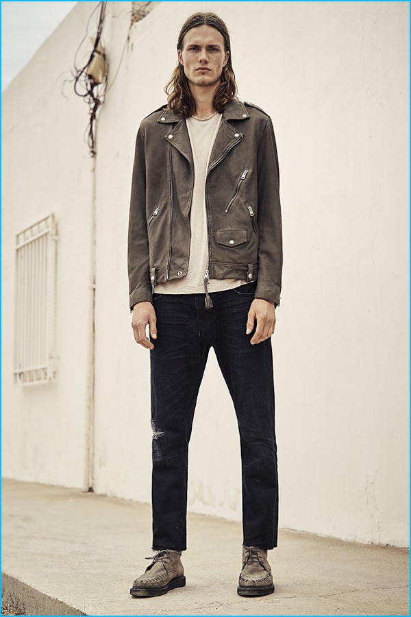 AllSaints Warner crew t-shirt, Kaneko taper jeans, Stage belt and Juno boots.