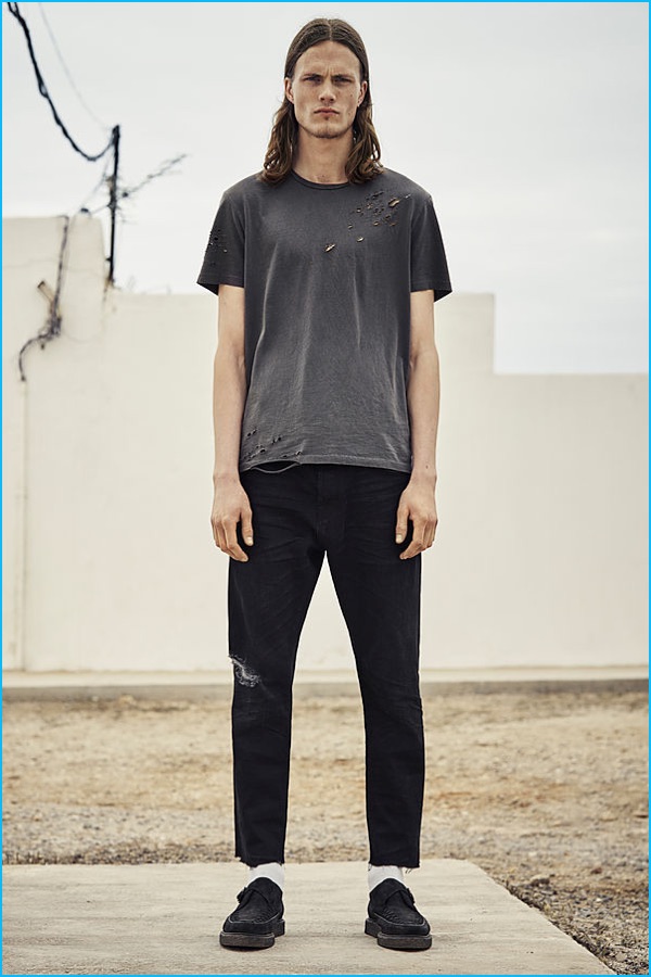 AllSaints Anchor crew t-shirt, Kaneko taper jeans and Arc shoes.