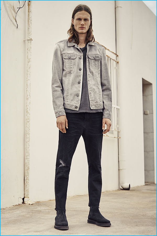 AllSaints Gibbs crew t-shirt, Orbital denim jacket, Kaneko taper jeans, Stage belt and Foundry boots.