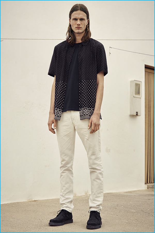 AllSaints Bordure short-sleeve shirt, Mehson crew t-shirt, Armstrong Pistol jeans and Juno boots.