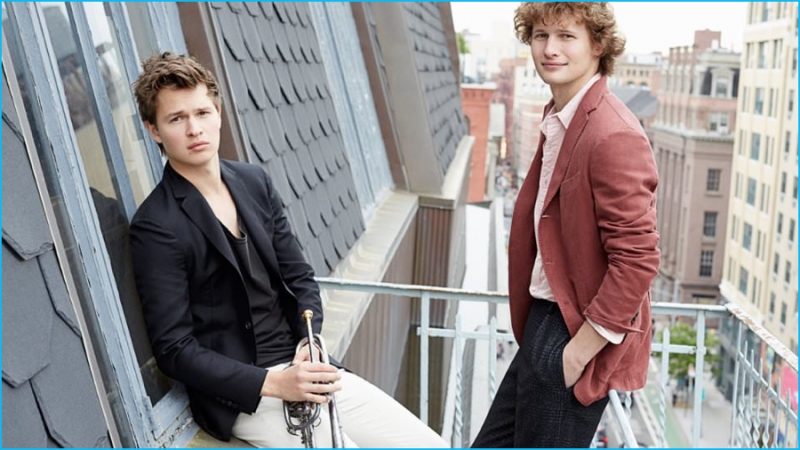 Ansel Elgort wears blazer Burberry, tank Tomas Maier and trousers Gucci. Warren wears blazer Boglioli, shirt Alex Mill and trousers Wooyoungmi.