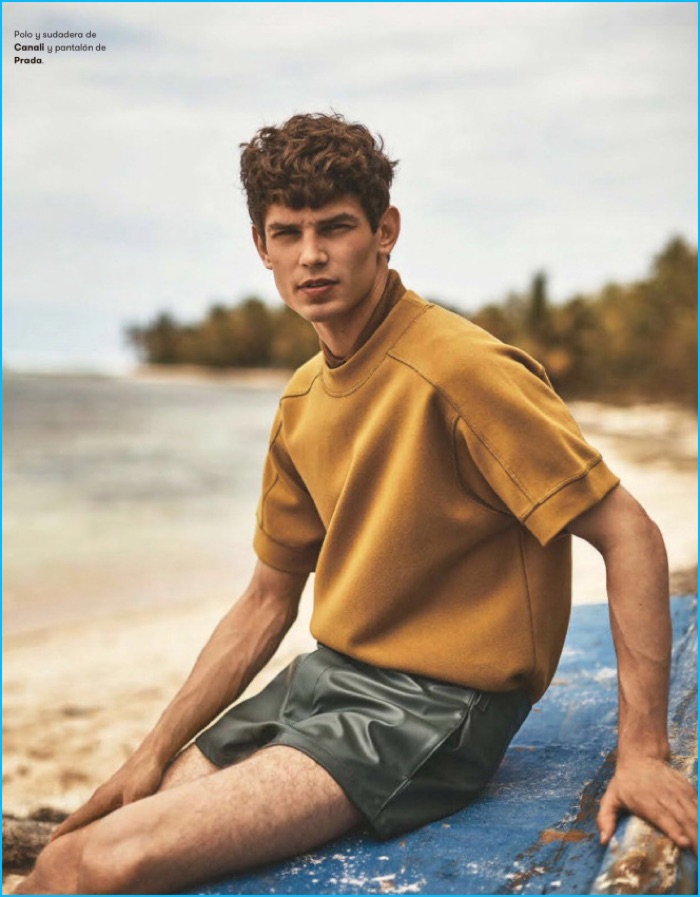Arthur Gosse wears a Canali top with leather Prada shorts.