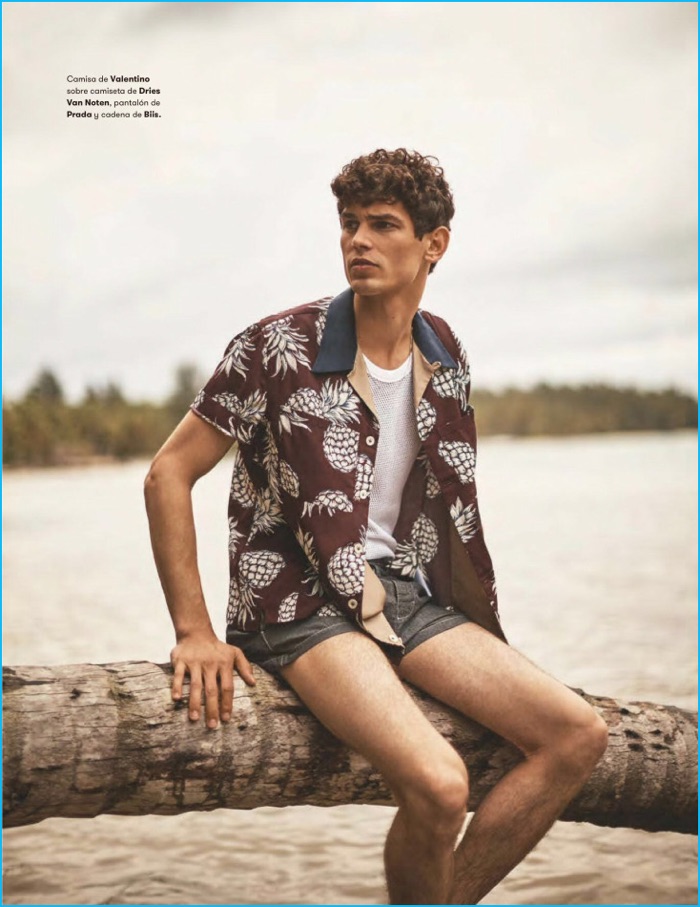 Arthur Gosse goes casual in a pineapple print Valentino shirt with a Dries Van Noten shirt and Prada shorts.