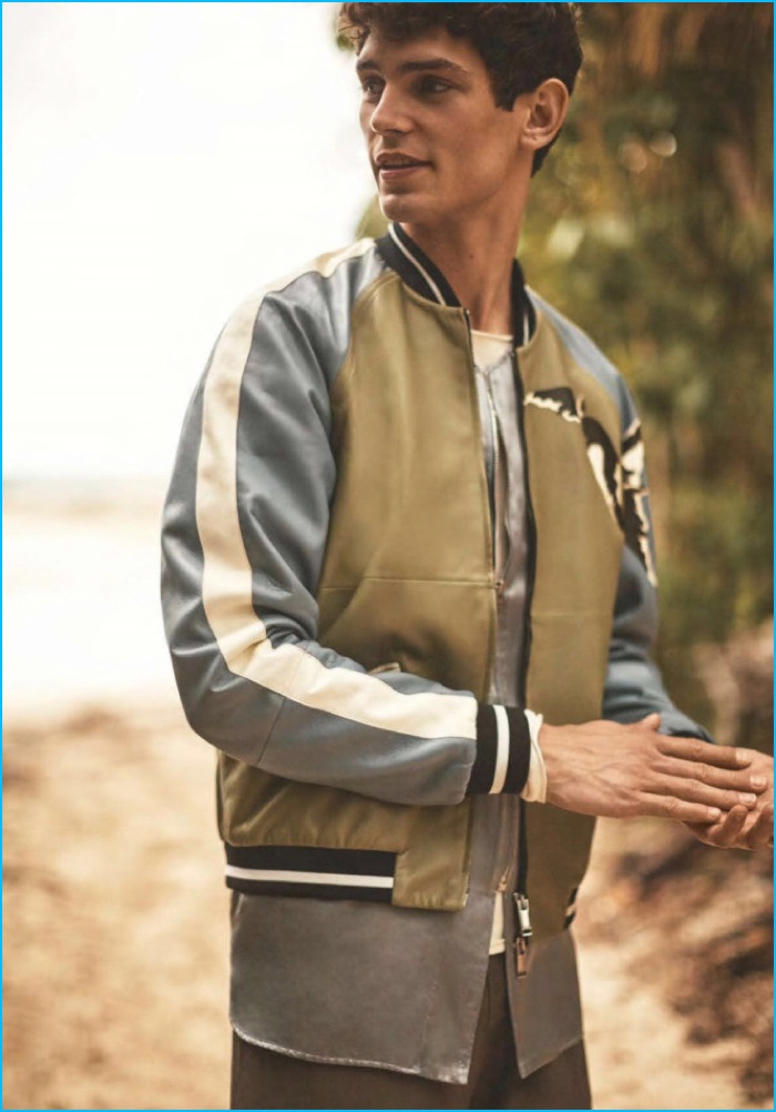 Arthur Gosse sports a bomber jacket from Italian fashion brand Valentino.