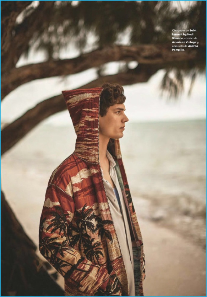 Arthur Gosse pictured in a tropical print hooded jacket from Saint Laurent by Hedi Slimane.