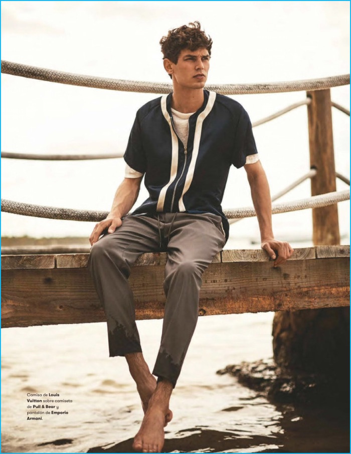 Arthur Gosse takes it easy in a Louis Vuitton shirt with a Pull & Bear tee and Emporio Armani trousers.