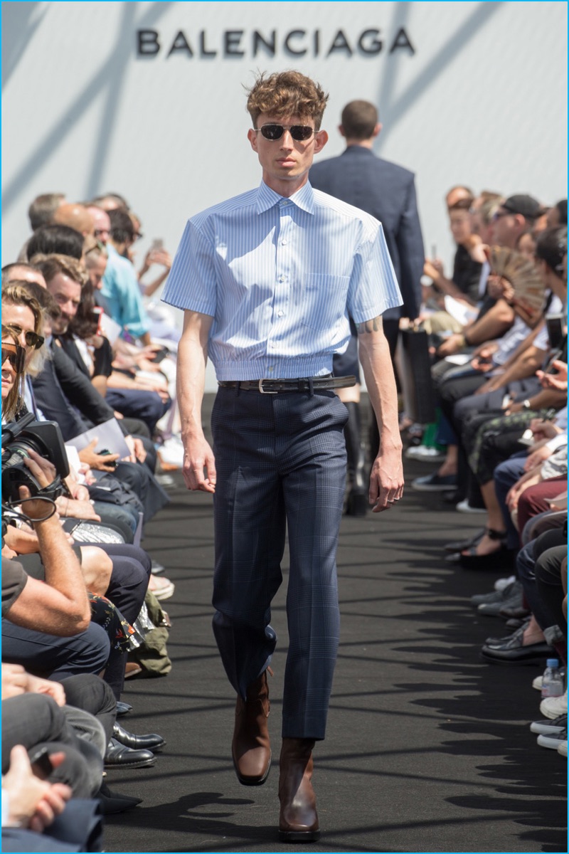 Balenciaga revisits the short-sleeve shirt with a cropped fit and elasticated hem.