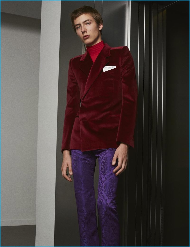 Model Paul Hameline wears a svelte, velvet suiting look from Balenciaga's spring-summer 2017 collection.
