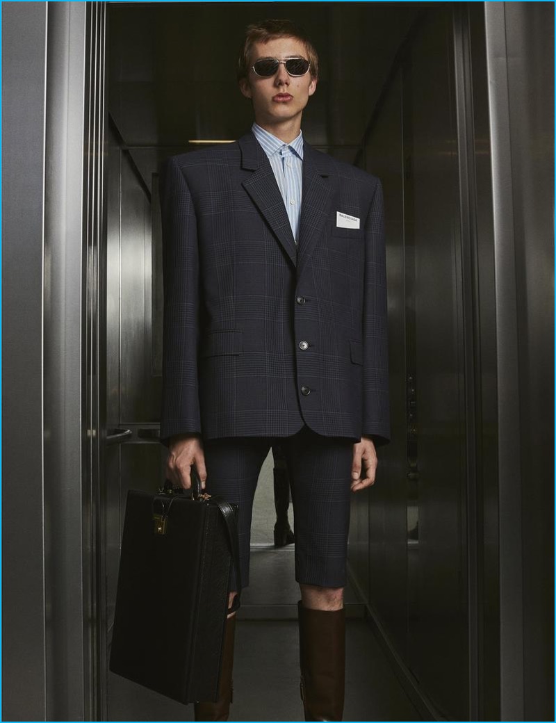 Paul Hameline dons Balenciaga's short suit for spring-summer 2017.