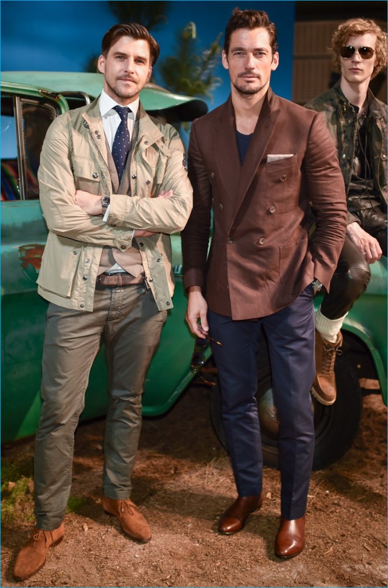 Models Johannes Huebl and David Gandy pictured at Belstaff's spring-summer 2017 presentation.