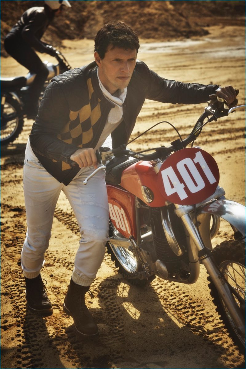 Sasha Knezevic embraces moto style in a spring-summer 2017 look from Belstaff.