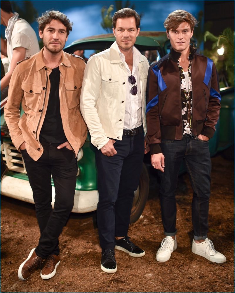 Models Robert Konjic, Paul Sculfor and Oliver Cheshire pictured at Belstaff's spring-summer 2017 presentation.
