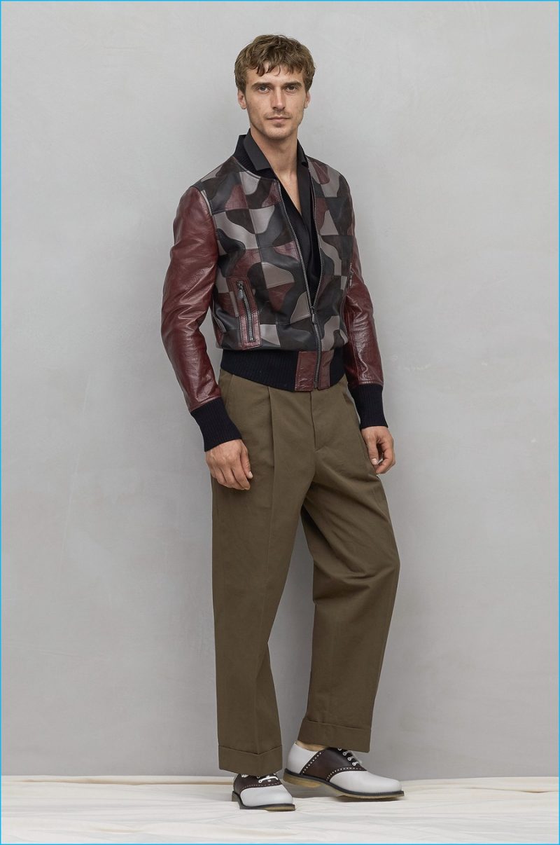 Bottega Veneta embraces a camouflage print for spring-summer 2017, decorating items such as a leather jacket.