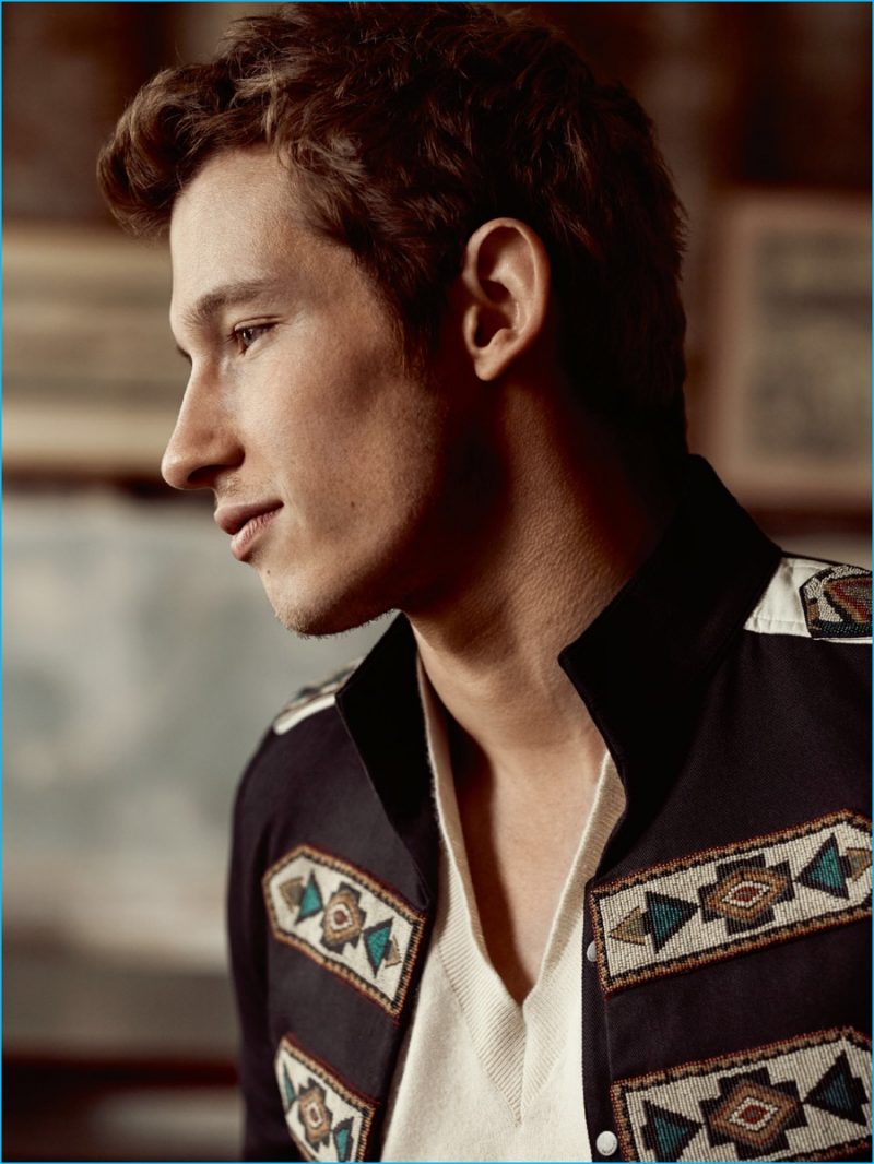 Callum Turner wears a Valentino southwest-inspired jacket.