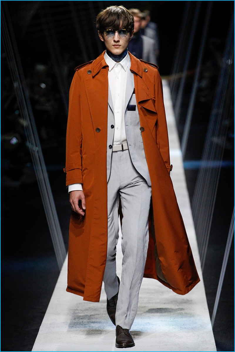 Canali embraces a robust burst of color with a rich orange trench coat for spring-summer 2017.