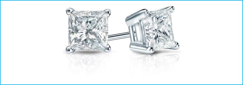 Certified 14K White Gold 4 Prong Basket Princess Cut Diamond Stud Earrings