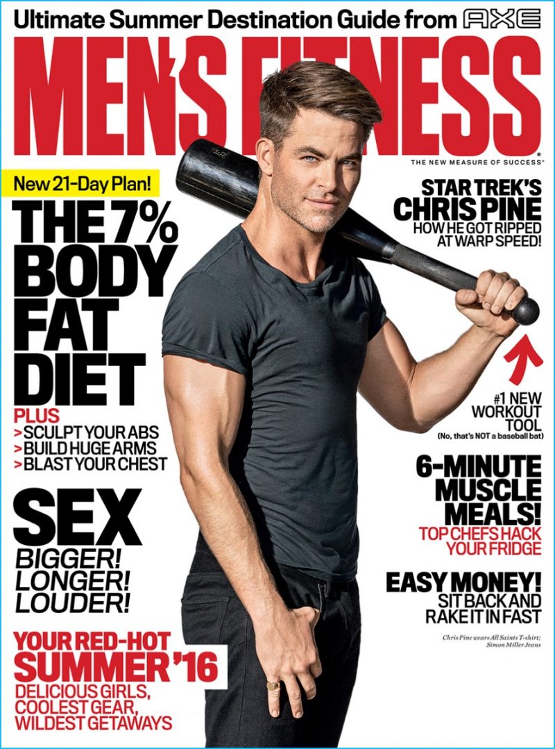 Chris Pine covers the July/August 2016 issue of Men's Fitness in an AllSaints t-shirt with Simon Miller jeans.