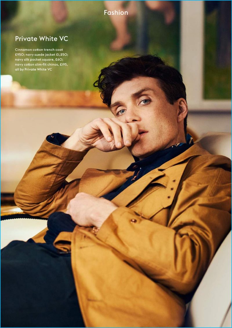 Cillian Murphy pictured in a Private White VC trench coat.