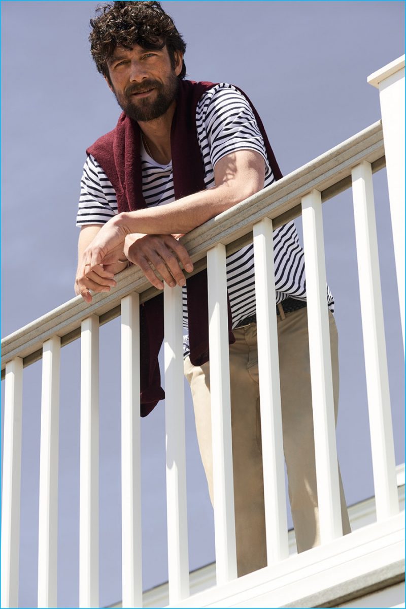 Cedric Bihr wears Club Monaco stripe tee, lightweight chinos and linen raglan crew.