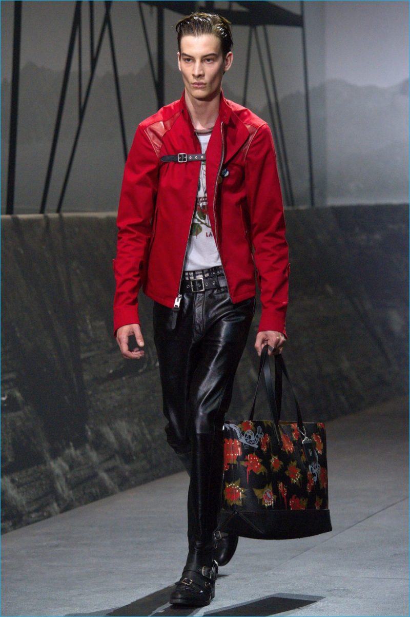 Leather pants give Coach's man a spirited edge for spring-summer 2017, complementing red outerwear.