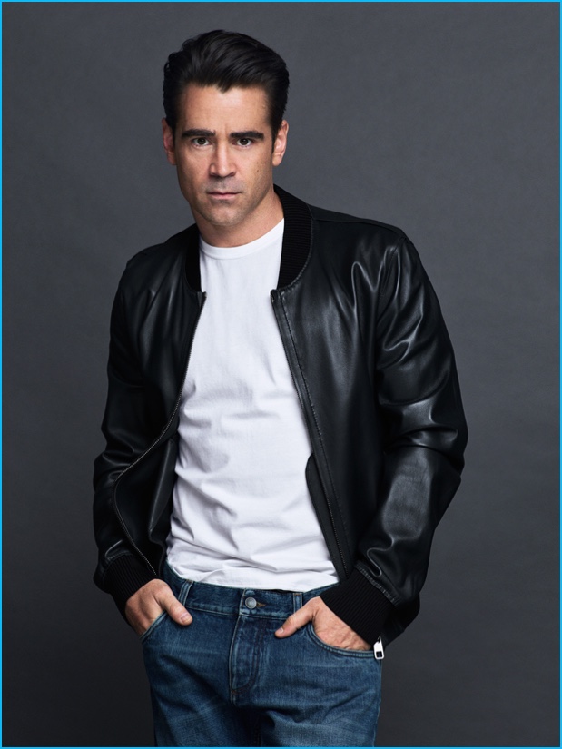 Colin Farrell rocks a leather bomber jacket for the pages of GQ México.