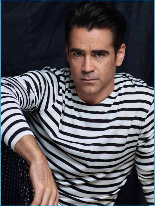 Colin Farrell embraces nautical style in a stripe boat neck tee.