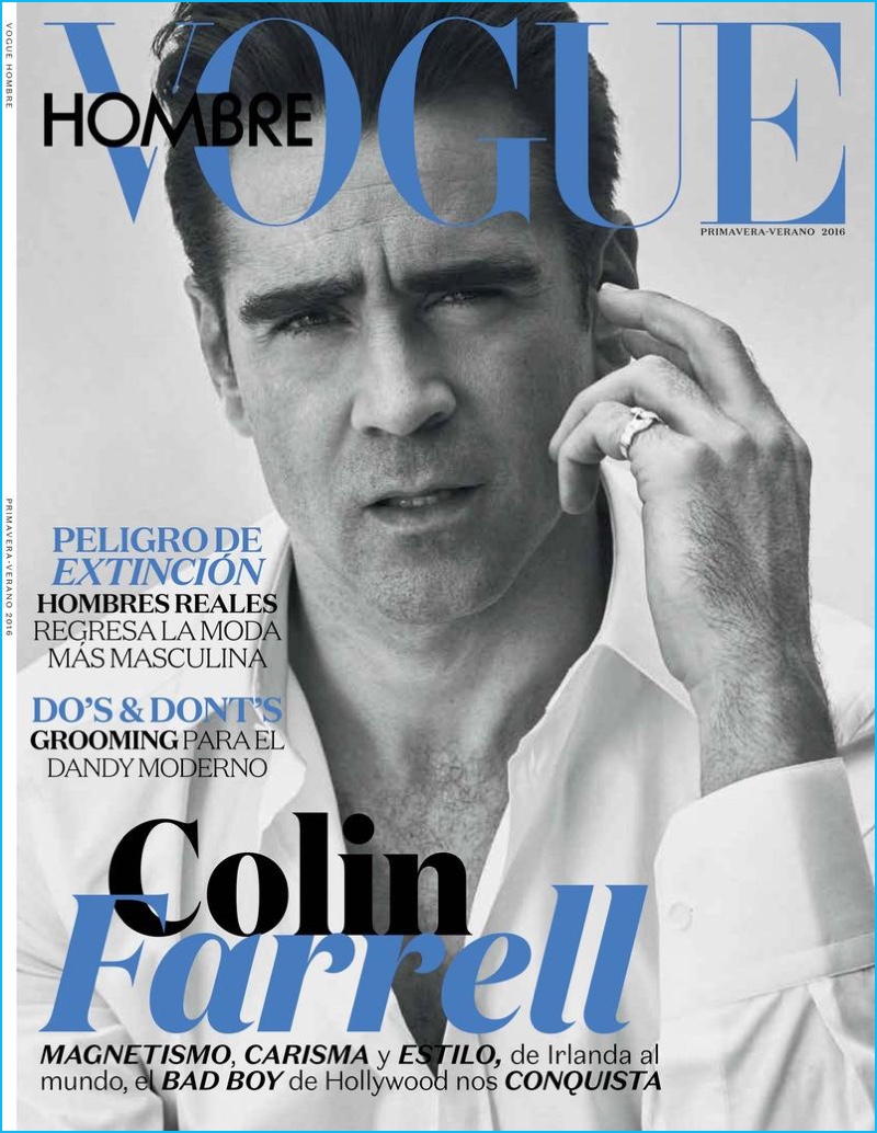 Colin Farrell captured in a black & white image for the cover of Vogue Hombre.