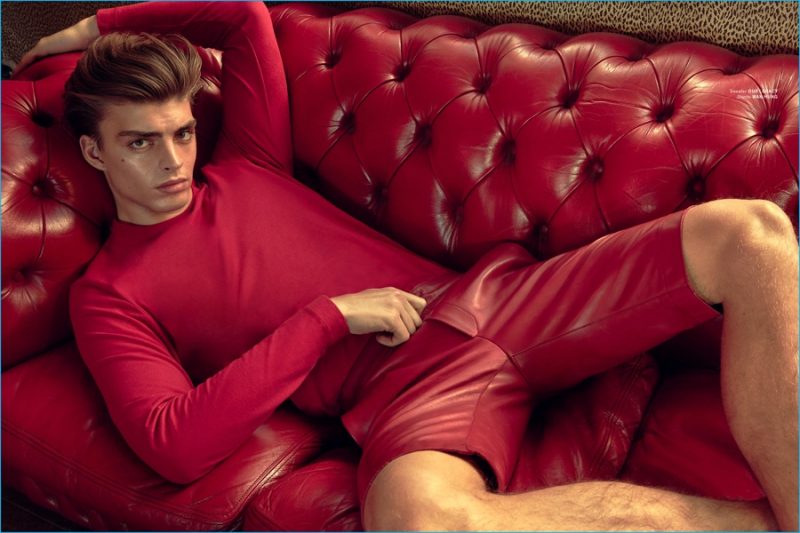 Daan van der Deen is red hot in an Our Legacy sweater with Wan Hung leather shorts.