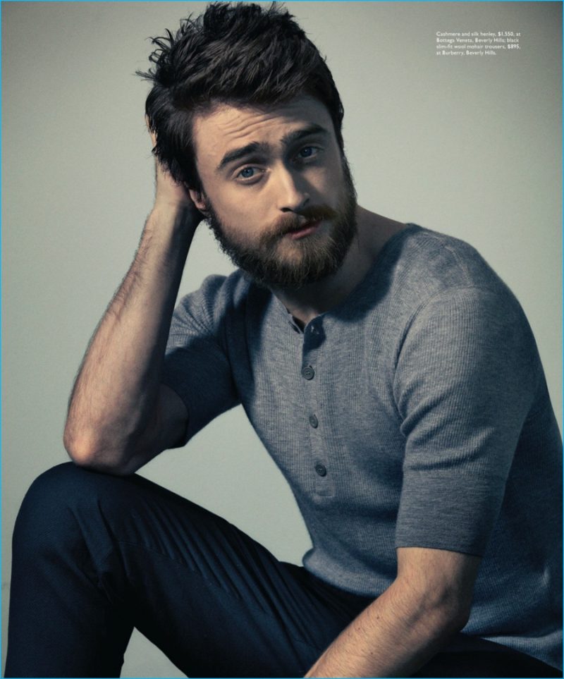 Daniel Radcliffe poses for an image by Warwick Saint, wearing a Bottega Veneta henley shirt.