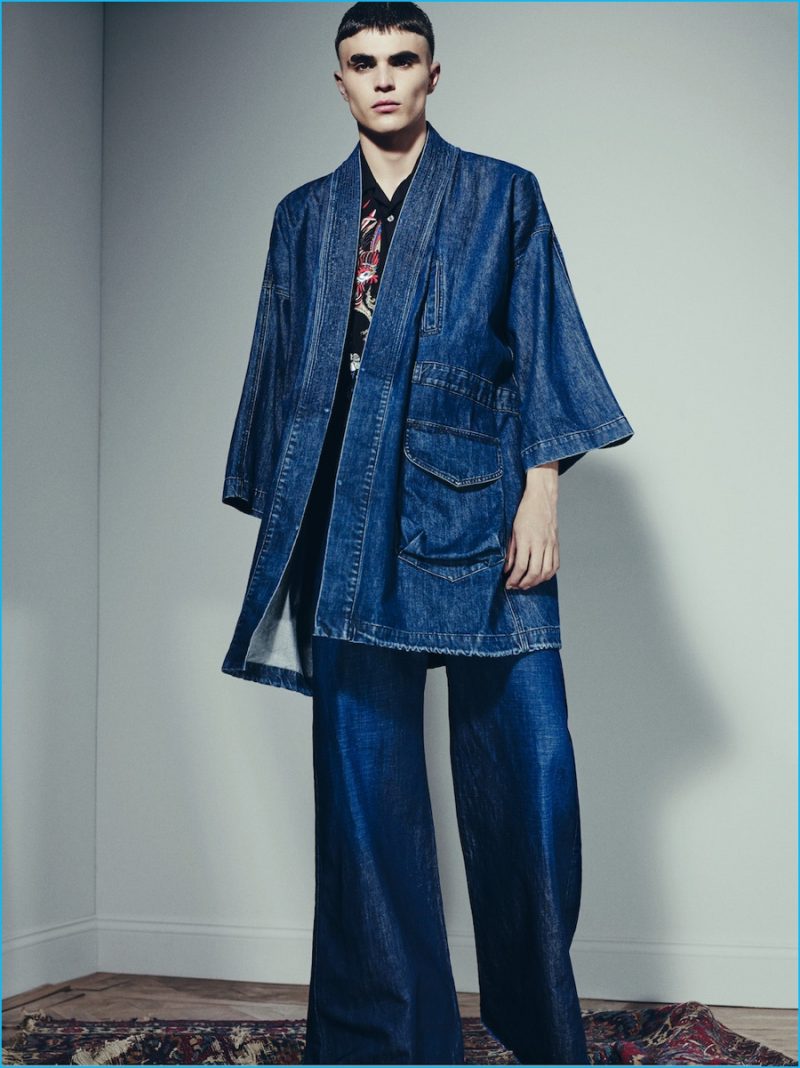 Diego Villarreal sports a kimono-style jacket with flared pants from Diesel's pre-fall 2016 collection.