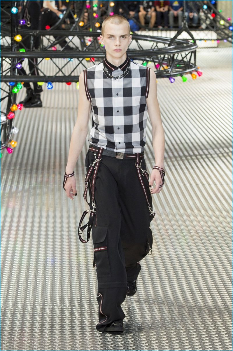 Dior Homme channels New Wave punk with checks and sleeveless options for spring-summer 2017.