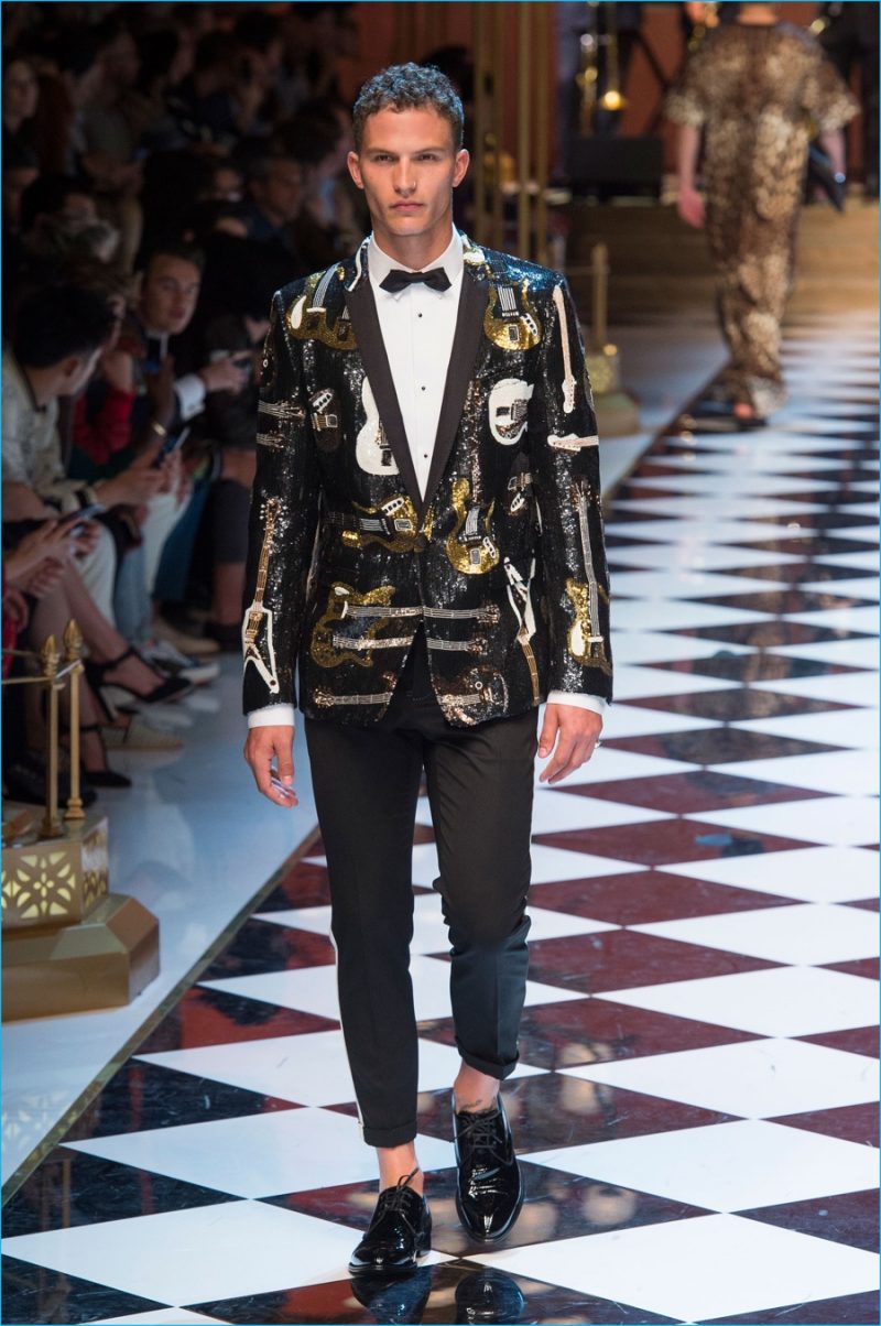 Dolce & Gabbana approaches eveningwear with its music theme and an abundance of sequins.