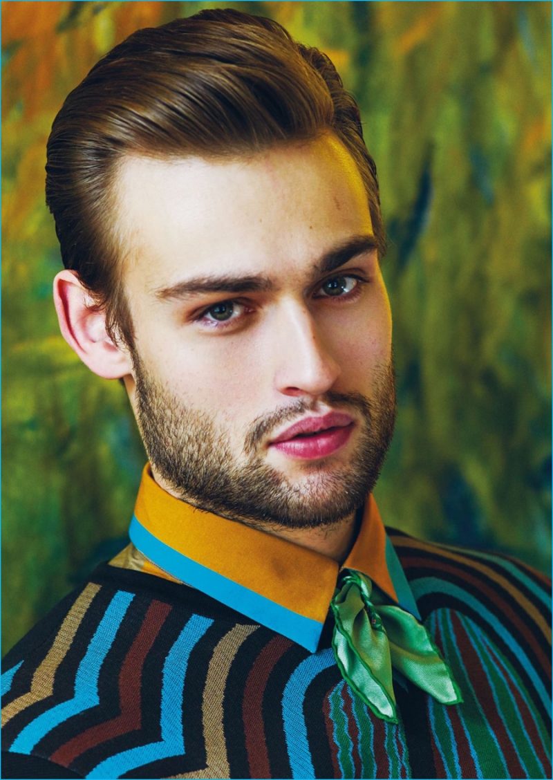 Douglas Booth is front and center in a colorful look from Salvatore Ferragamo.