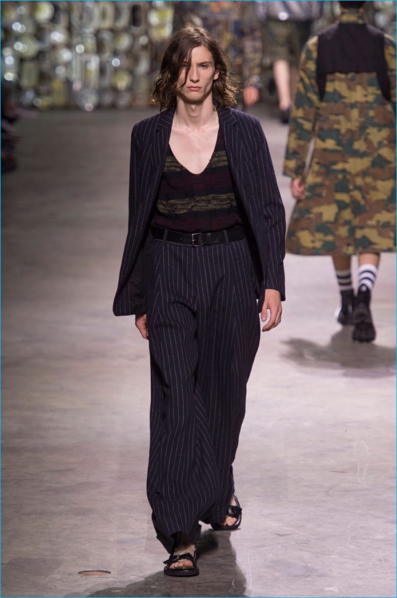 Dries Van Noten showcases a classic element of menswear with pinstripe fashions.
