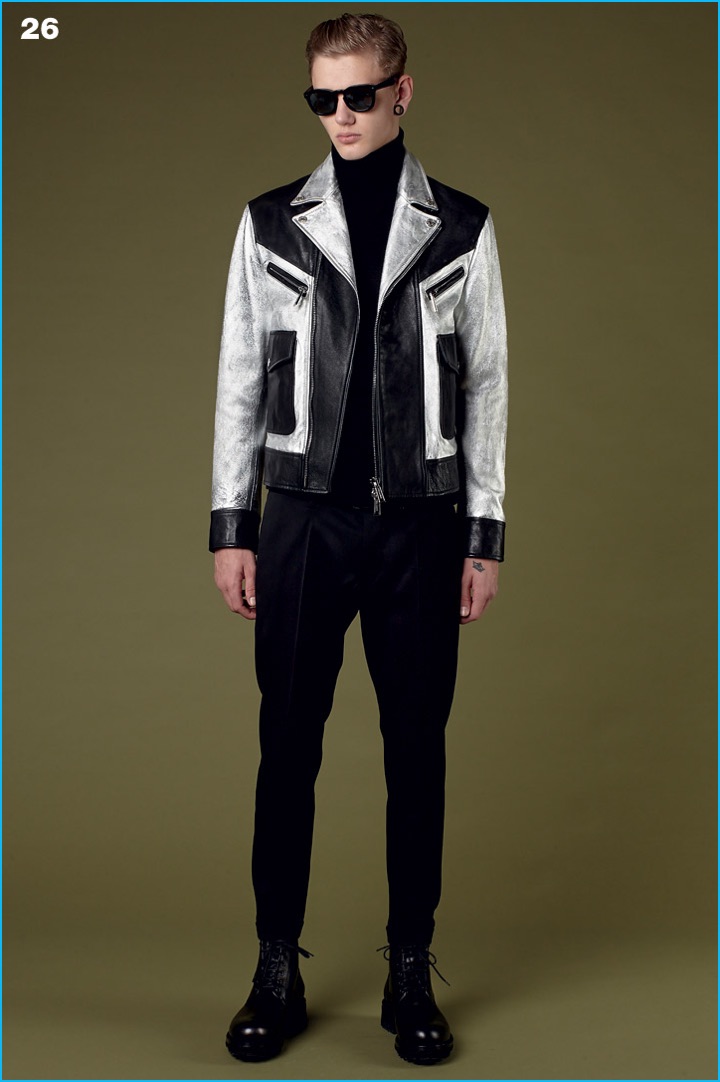 Dsquared2 revisits the leather biker jacket in black and white for pre-fall 2016.