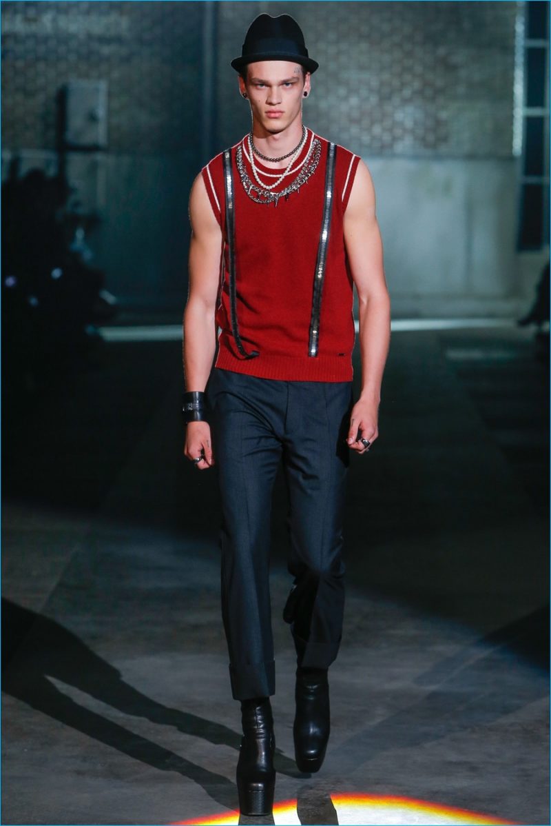 Dsquared2 embraces slim suspenders for spring-summer 2017, playing into the brand's skinhead style theme.