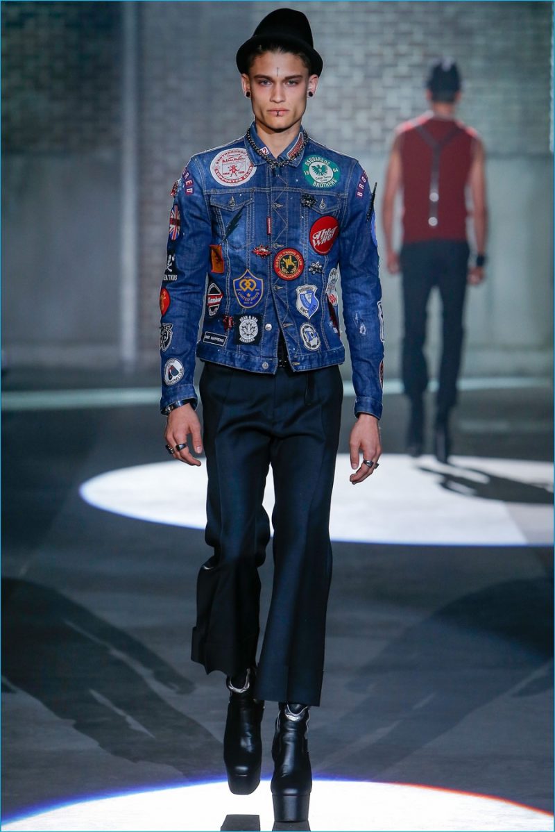 Dsquared2 stands by its signature denim jacket, dressed in patches for spring-summer 2017.