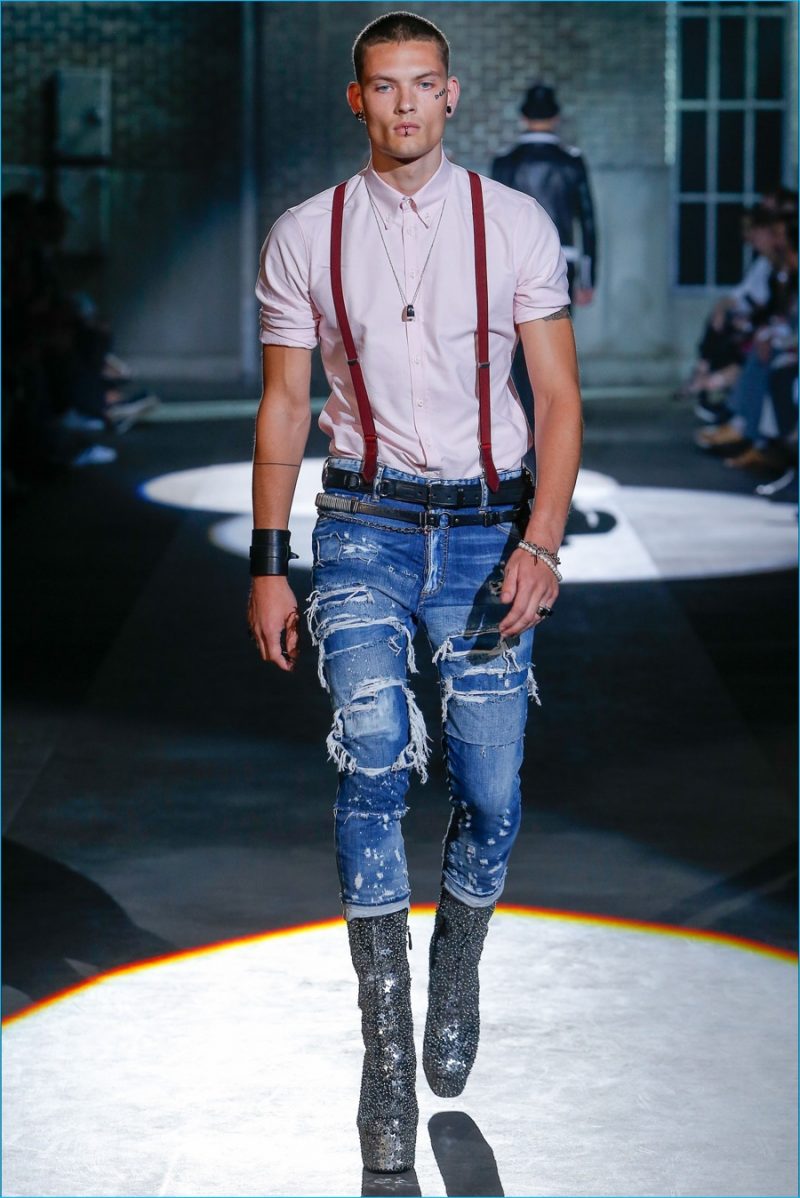 Dsquared2 does ripped denim and slim suspenders for spring-summer 2017.