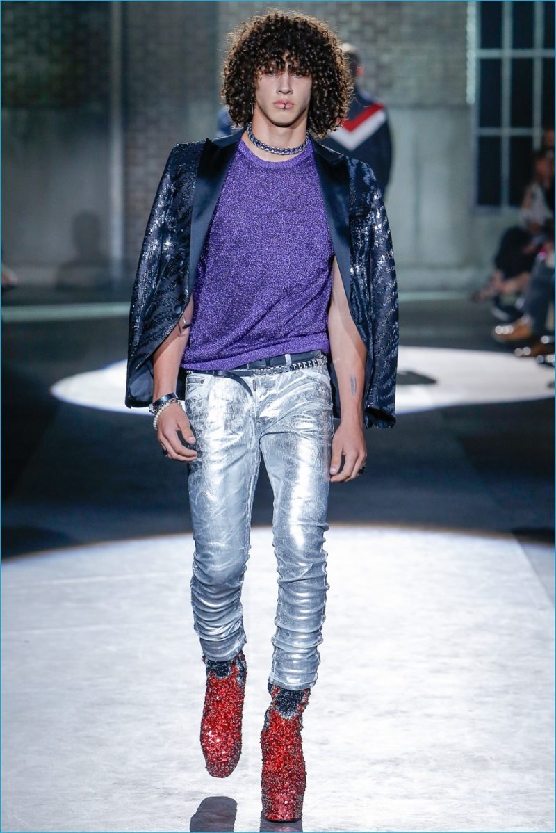 Dsquared2 channels a rock moment with glittery and metallic silver.