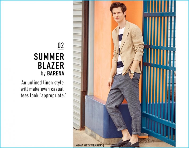 Barena Summer Blazer with Harmony tee, Armoire Officielle cropped pants, Miansai bracelet, Uniform Wares watch and Todd Snyder x Cole Haan penny loafers.