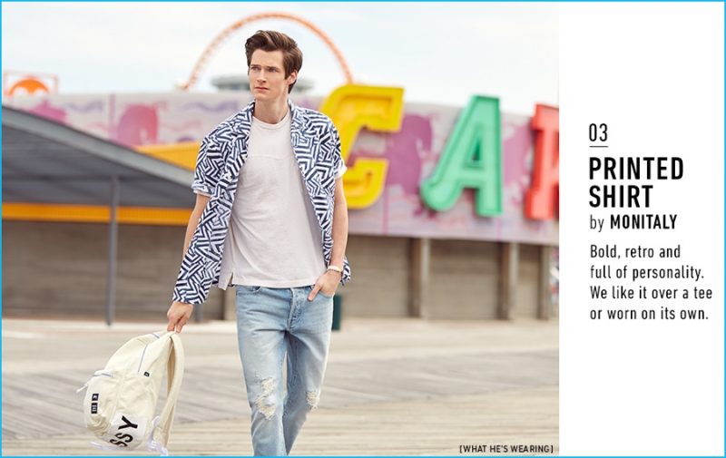 Monitaly Printed Shirt with Monitaly tee, Earnest Sewn jeans, Miansai bracelet and Stussy backpack.