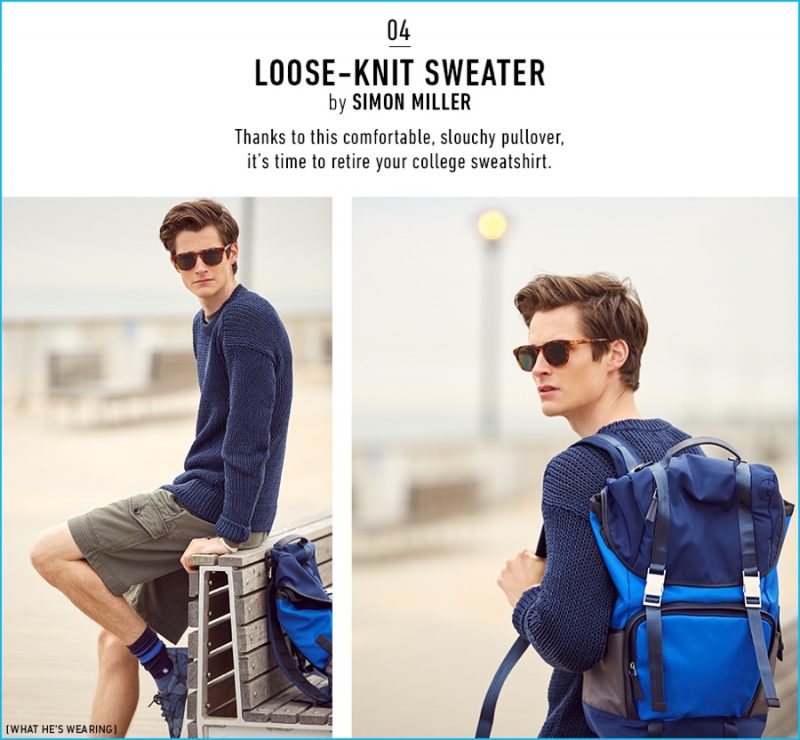 Simon Miller Loose-Knit Sweater with Halo tee, Todd Snyder cargo shorts, Miansai bracelet, Han Kjobenhavn sunglasses, Stance socks, UTC00 backpack and Ports 1961 denim sneakers.