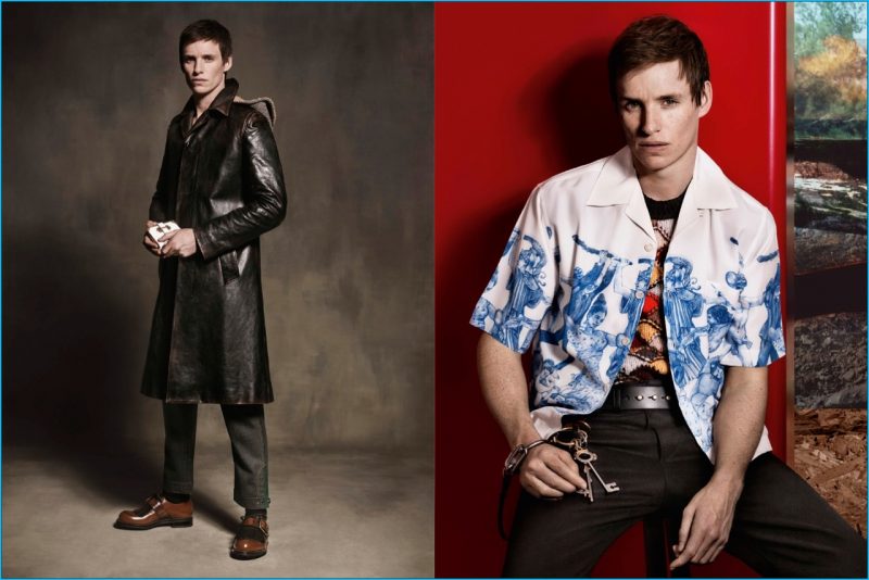 Eddie Redmayne is front and center for Prada's fall-winter 2016 campaign, sporting standout pieces such as a sleek leather coat.