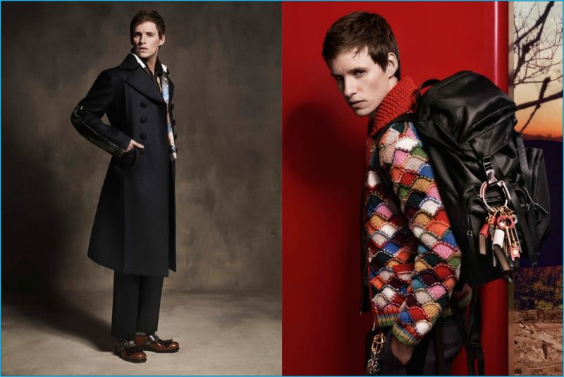 Eddie Redmayne pictured in a naval style double-breasted coat and a cheeky knit jacket for Prada's fall-winter 2016 campaign.